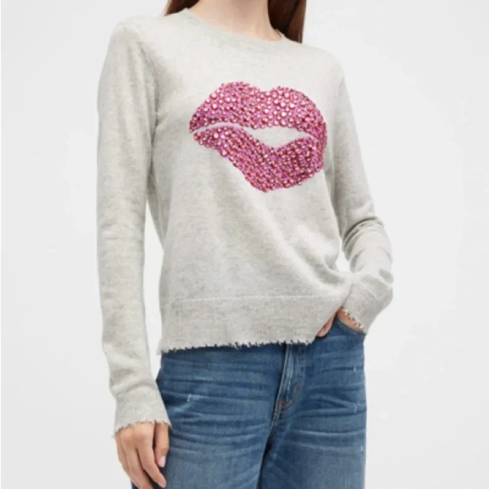 Lisa Todd LIP SERVICE SWEATER Gray Cashmere rhinestone - Picture 1 of 5